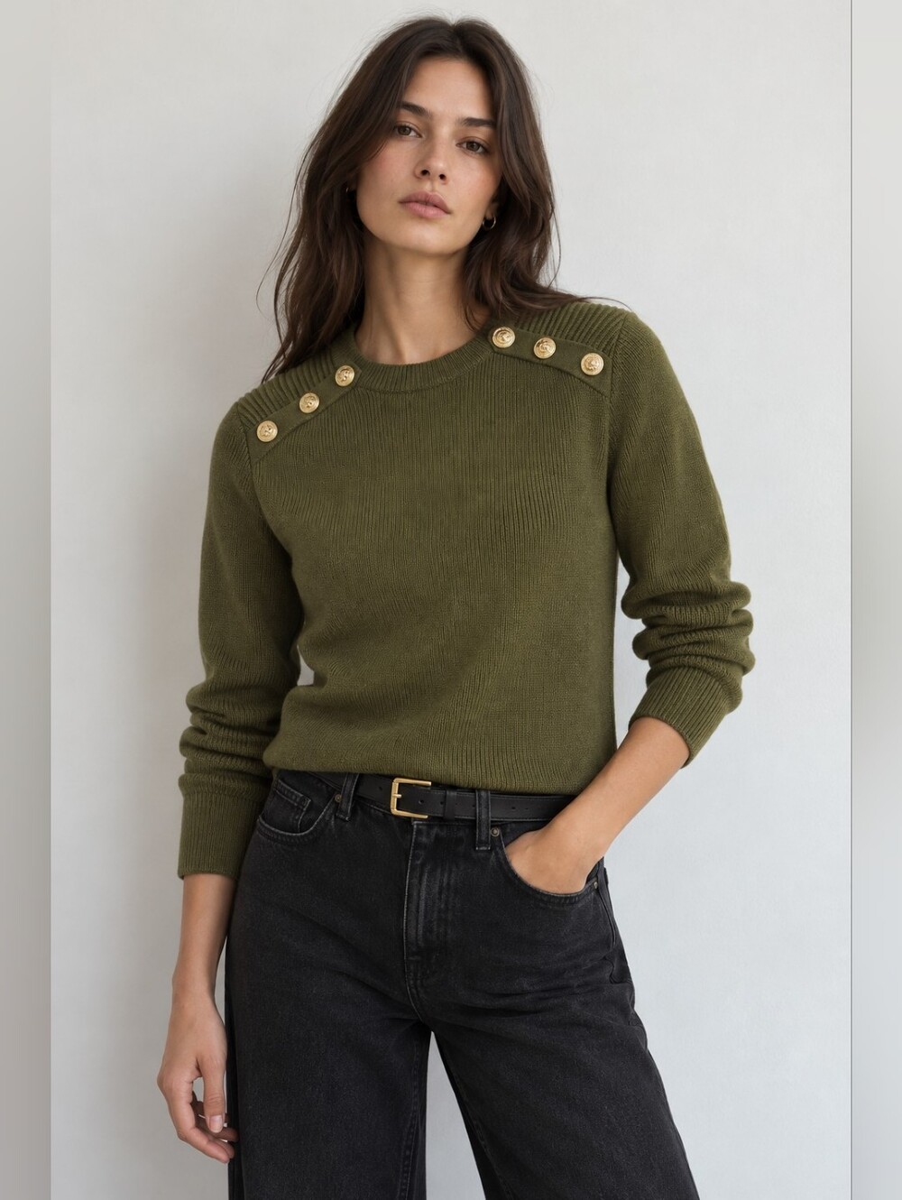 MANGO Olive Green Button Detail Knit Sweater Size M NWT